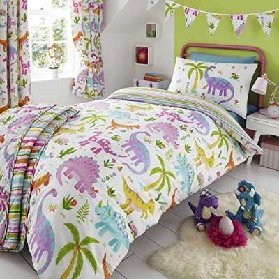 Image of Happy Linen Company Kids Girls Dinosaur Park Jurassic Pink T Rex Dino White Reversible Bedding Throw