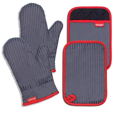 Image of Coziselect Oven Gloves Heat Resistant 480℉, 4 Pack Cotton Double Pot Holders and Mitts with Terrycloth Lining, Non slip Kitchen for Cooking Baking Grilling, Grey