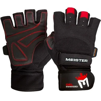 Image of Meister Wrist Wrap Weight Lifting Gloves w/Gel Padding Black/Red Large