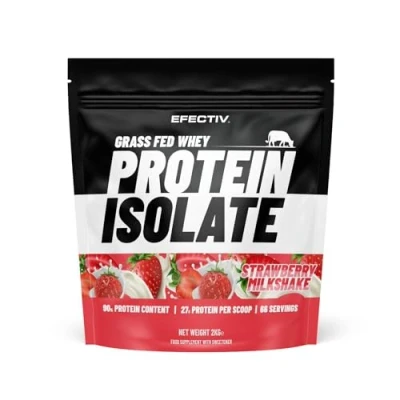 Image of Efectiv Grass Fed Ultra Filtered Whey Protein Powder Isolate 2KG Strawberry Milkshake 27g &amp; 90% Content 66 Servings Low Fat, Sugar