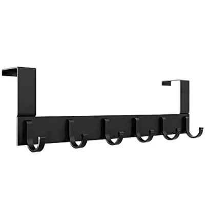 Image of AiQInu Door Hook Black Stainless Steel Coat Rack with 6 Hooks Rail Clothes No Drilling Suitable for Thicker Doors (4 4.5 cm), Strong Hooks,