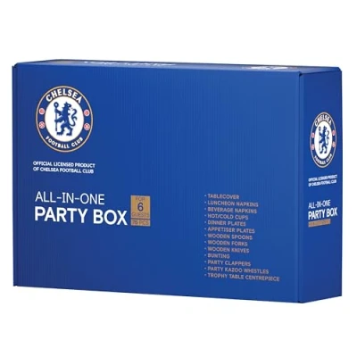 Image of Chelsea FC Official Party Supplies Box for 6 guests All in one 75 pcs incl. Disposable Tableware w/ Cutlery, Decorations &amp; Favors Perfect Matchday Birthday Celebrate (75)