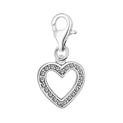 Image of Quiges 925 Sterling Silver White Cubic Zirconia Open Heart Lobster Clasp Charm Clip on Pendant