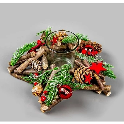 Image of 22cm Star Tealight Votive Candle Holder Wooden Twigs Base Decorated with Red Baubles,Berries,Stars,Foliage,Pine Cones Christmas Home Table Decoration
