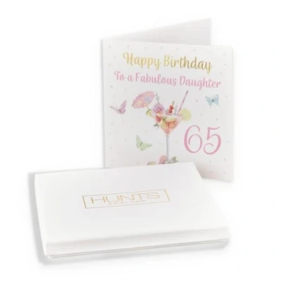 Image of Hunts England Luxury Boxed 65th Daughter Pink Cocktail And Butterflies Birthday Card Gold Foil Milo&#039;s Age 65 Drinks, Flowers For Sixty Five In Keepsake Box