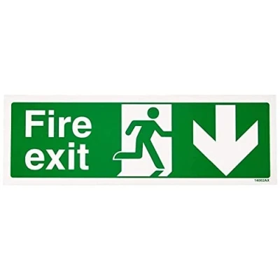 Image of VSafety Fire Exit Arrow Down Sign Landscape 300mm x 100mm 1mm Rigid Plastic