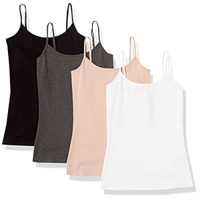 Image of Amazon Essentials Women&#039;s Slim Fit Camisole, Pack of 4, Black/Charcoal Heather/Dusty Pink/White, XS