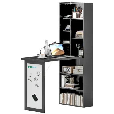 Image of HOMCOM Folding Office Desk with Whiteboard, Computer Shelf, Study Table for Bedroom Home Workstation, Black