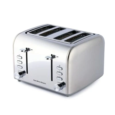 Image of Hamilton Beach Rise 4 Slice Toaster, Brushed &amp; Polished, Stainless Steel, 6 Variable Browning Levels, Removable Crumb Tray, Defrost, Cancel Reheat Settings, 1600W HB5729, Silver