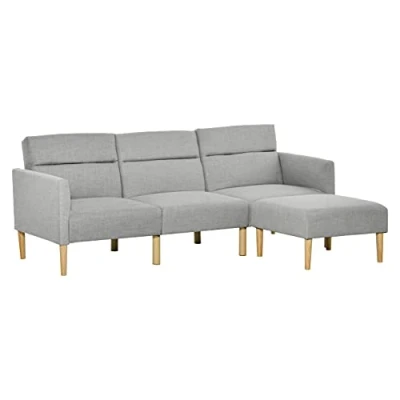 Image of HOMCOM Upholstered 3 Seater Sofa Bed, Corner Reversible Click Clack Set, Linen Touch Fabric Sleeper Futon with Footstool, Light Grey