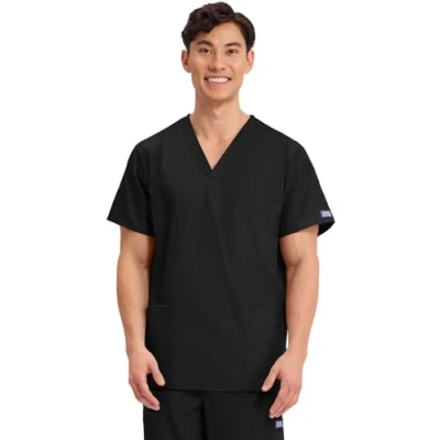 Image of CHEROKEE Men Man Scrub Top Originals Medical Clothing with 3 Pockets V Neck WWE4876 Black S