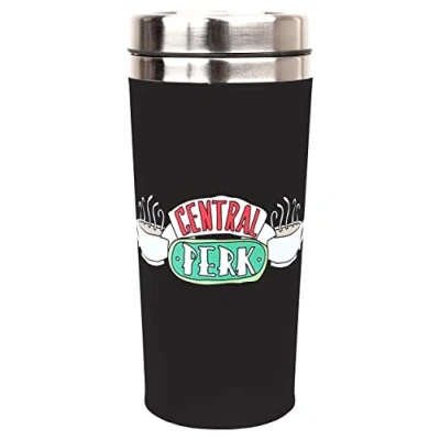 Image of Friends Travel Mug 450ml/15.5oz Black Double Wall Stainless Steel Temperature Control for Up to 5 hrs Featuring Central Perk Logo &amp; Screw Top Lid