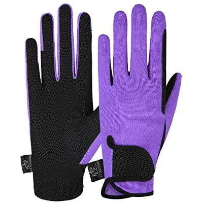 Image of AFE Ladies Horse Riding Gloves Track Fabric Synthetic Leather Equestrian Black Stretch Pink Purple Lilac (Lilac, Large)