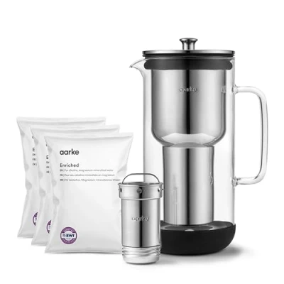 Image of Aarke Purifier, Water Filter Jug in Glass and Stainless Steel (2.4L/10 Cups) + 3 Pack Enriched Refill Bags