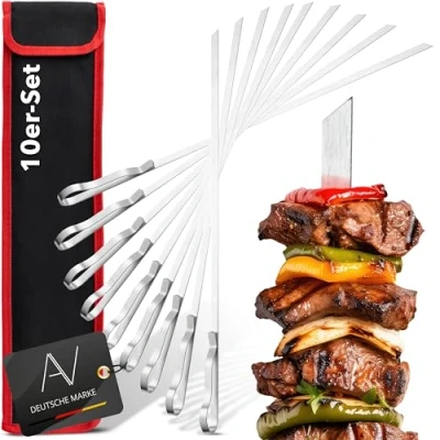 Image of grill skewers made of stainless steel 10 pieces reusable shashlik 43 cm kebab shampura meat long for &amp; vegetables