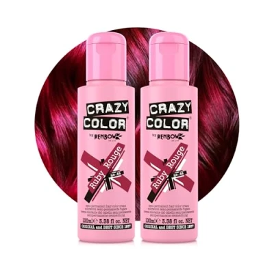 Image of Crazy Color Vibrant Ruby Rouge Semi Permanent Duo Hair Dye. Highly Pigmented Wine Red/Plum Conditioning &amp; Oil Nourishing Vegan Formula No Bleach or Ammonia 200ml