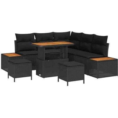 Image of vidaXL 8 Piece Garden Sofa Set with Cushions Black Poly Rattan Acacia