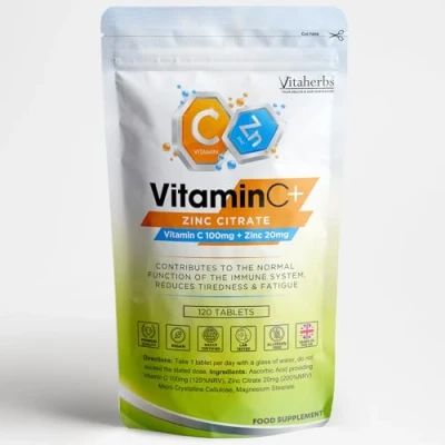 Image of Vitamin C and Zinc Tablets 4 Months Supply 100mg L ascorbic Acid with Added 20mg Natural Immunity Supplement (120 Vegan Tablets) High Strength &amp; Vitaherbs