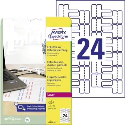 Image of Avery Zweckform L7950 Cable Labels 20 Sheets / 480 60 x 40 mm White