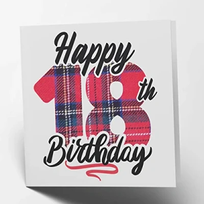 Image of Maturi Happy 18th Birthday Tartan Greetings Card Blank Inside, 15.5 x cm Square