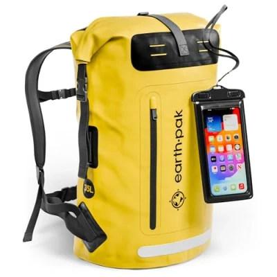 Image of Earth Pak Waterproof Backpack with Roll Top Closure, Front Pocket, Cushioned Back Panel &amp; Phone Case (Yellow, 55L)