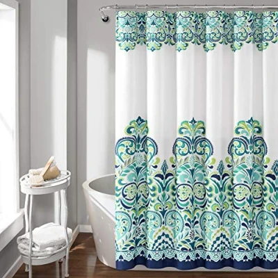 Image of Lush Decor, Blue and Green Clara Shower Curtain Fabric Colorful Boho Paisley Damask Print Design, x 72