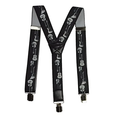 Image of Olata Braces/Suspenders for All Ages, Y Shape with Guitar Design. Adult, 4cm. Black