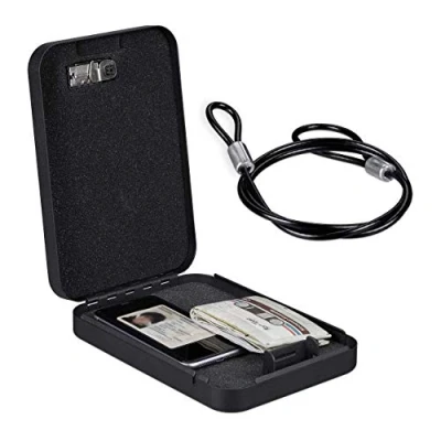 Image of Relaxdays Car Safe, with Combination Lock, Mobile, Security Cable, Mini Case, Steel, HxWxD: 4.5 x 17 24 cm, Black, Iron