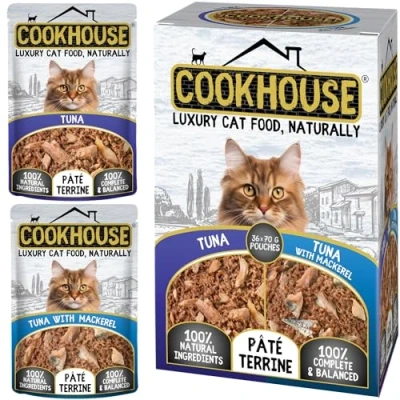 Image of COOKHOUSE 100% Natural &amp; Complete Luxury Wet Cat Food 36 x 70g Pouches Tuna Loin/Tuna Loin with Mackerel Pate Terrine