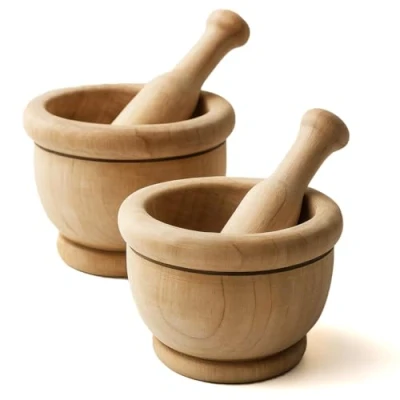 Image of Space Home 2x Wooden Mortar and Pestle Set Garlic Masher Herb Spice Grinder 8 cm Rustic Design