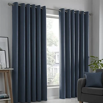 Image of Fusion Blue Curtains W90 x L72&quot; (229 183cm) 2x Panels Eyelet in Navy Thermal for Bedroom/Living Room Dark &amp; Drapes Door Strata Collection