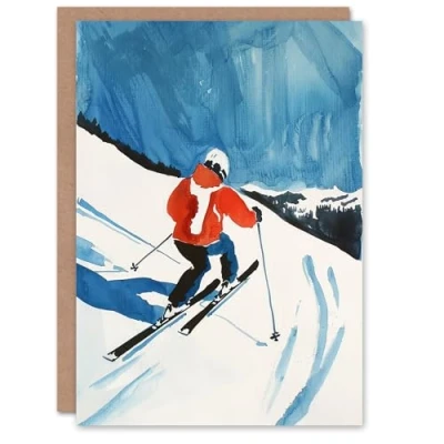 Image of Artery8 Greeting Card Austria Skier Skiing Winter Sport Ski Watercolour Blank For Him Or Her Art Birthday