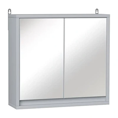 Image of HOMCOM Bathroom Mirror Cabinet Wall Mounted Storage Shelf Cupboard Double Door, Grey