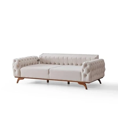 Image of Emporium Furniture Chesterfield Cream Brown Leather Living Room Set, Sofa bed 3 &amp; 2 seater Loveseat Sofas Couches Armchairs (Cream, Seater)
