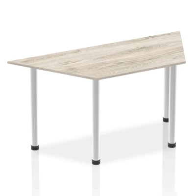 Image of Impulse 1600mm Trapezium Grey Oak Top Brushed Aluminium Post Leg