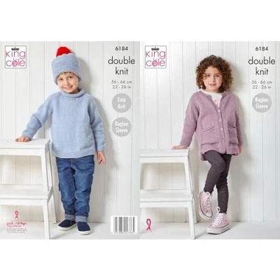 Image of King Cole Children&#039;s Easy Knitting Pattern, Raglan Sleeve, Double Knit Sweater, Cardigan and Hat (6184), 22 26 (56cm 66cm)