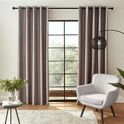 Image of Catherine Lansfield Downstairs Faux Silk 90x90 Inch Blackout Thermal Insulating Eyelet Curtains Two Panels Silver Grey