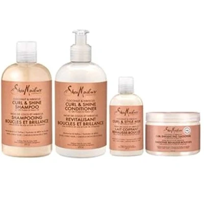 Image of Shea Moisture Coconut and Hibiscus Curl &amp; Shine Set of 4 Shampoo, Conditioner, Milk, Smoothie