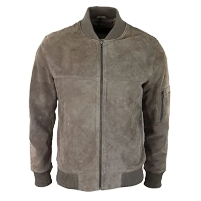 Image of TruClothing Mens Genuine Suede Bomber Jacket Leather Casual Varsity Vintage Smart Beige 3XL