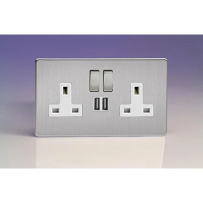 Image of Varilight 2 Gang 13A Double Pole Switched Socket with Metal Rockers + 5V DC 2100mA USB Charging Ports Brushed Steel XDS5U2SWS