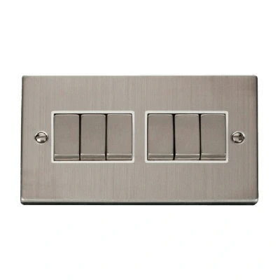 Image of Click Deco 6 Gang 2 Way Ingot 10AX Switch Stainless Steel White Inserts