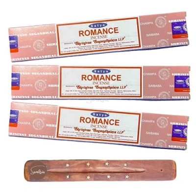 Image of Satya Nag Champa Romance incense sticks x3 pack with SAMASIA holder Used for Aromatherapy, Spa, Yoga, Weddings, Meditation, Healing, Positivity and Relaxation