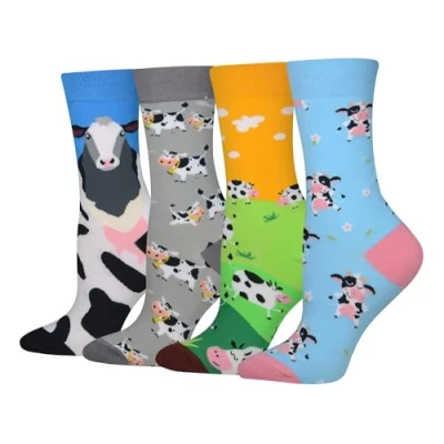 Image of Cansok Women Animal Dairy Cattle Milk Cow Socks Gifts Bovine Novelty Dress Crew (Dairy 4 pairs)