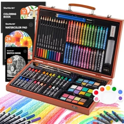 Image of Shuttle Art 118 Piece Deluxe Set, Supplies in Wooden Case, Painting Drawing Kit with Acrylic Paint Pencils Oil Pastels Watercolour Cakes Colouring Book Sketch Pad for Kids Adults