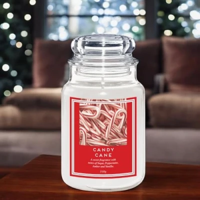 Image of FabFinds Large 18oz Scented Glass Jar Candle Natural Soy Wax Gift Fragrance (Free 8pcs Melt) Burn Time: 104 Hours (Candy Cane)