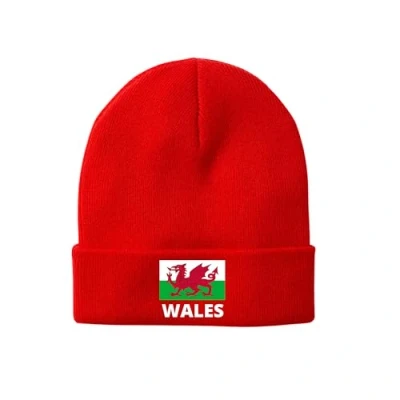 Image of Fidra Wales Red Beanie Hat with Embroidered Logo, Winter Knit Cap