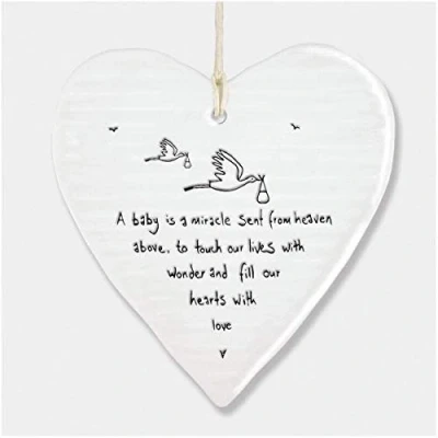 Image of East of India Wobbly White Porcelain Heart Baby is a Miracle 10x9cm