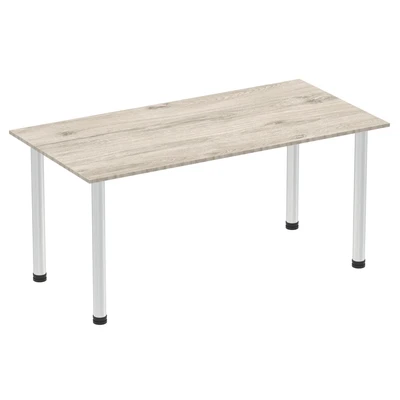 Image of Impulse 1600mm Straight Table Grey Oak Top Brushed Aluminium Post Leg