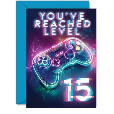 Image of 15th Gamer Birthday Cards for Boys Girls You&#039;ve Reached Level 15 Happy Card Son Daughter Nephew Niece Grandson, 5x7 Inch Fifteen Fifteenth Bday Video Game Greeting