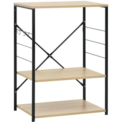 Image of vidaXL 3 Tier Microwave Cabinet Black and Oak, Engineered Wood, with Accessory Hooks for Additional Storage